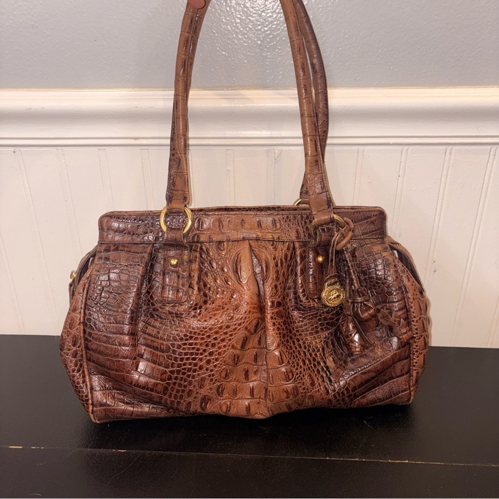 BRAHMIN Elouise w/ Roses Large Shoulder Bag Chocolate Croc Emb Leather VTG